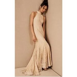 BHLDN Daisy Lace Halter Open Back Wedding Gown Champagne US 10 NWT